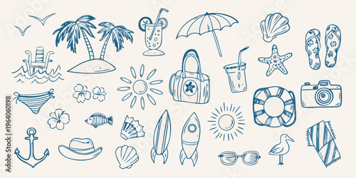 A collection of hand drawn summer vacation and beach themed doodles