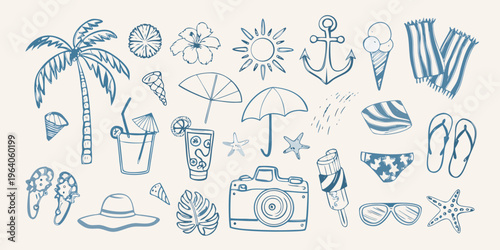 A collection of hand drawn summer themed icons and beach illustrations