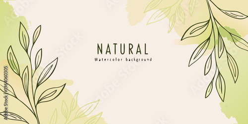 Botanical illustration with the word natural on a watercolor background