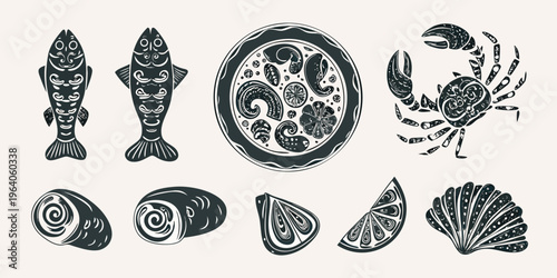Stylized seafood illustration featuring fish crab shellfish and citrus slices