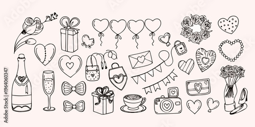 Hand drawn collection of celebratory gifts hearts and festive decorations
