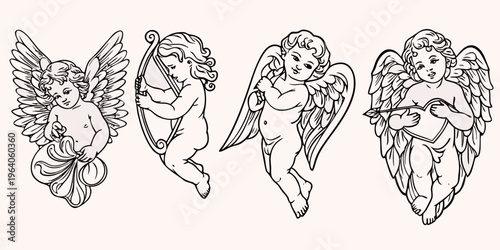 Vintage illustration of four cherubic angels with bows and arrows