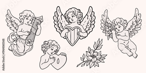 Vintage cherub illustrations with musical instruments and floral details