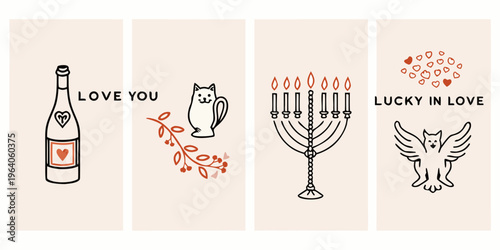 Four illustrated panels with romantic and celebratory symbols