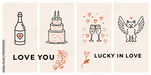 Romantic illustrations featuring champagne cake hearts and a winged cat