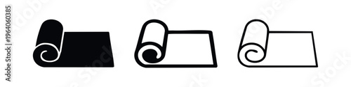Rolled Mat or Carpet Side View Icon Set. Yoga mat, exercise, or rug symbol in black and white styles.