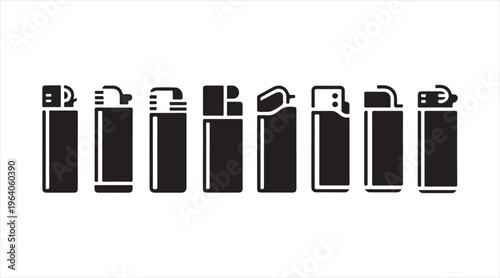 Set of lighter icons in black silhouette, portable ignition tools and flame devices, smoking accessory and fire concept illustration