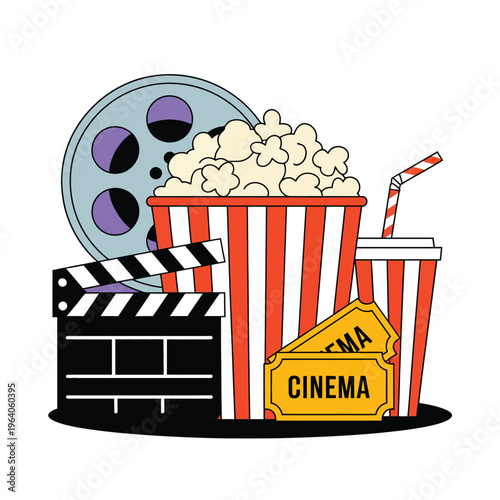 A colorful illustration of cinema elements including popcorn and tickets