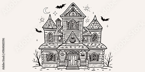 A detailed illustration of a spooky haunted house with bats and a crescent moon