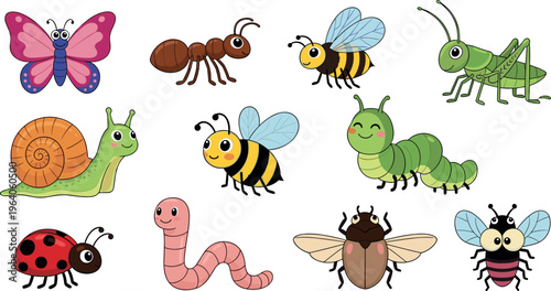 Cute insects cartoon vector set butterfly bee ant grasshopper snail worm ladybug collection isolated colorful children illustration