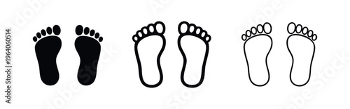 Human Footprints Icon Set. Bare feet, walking, and natural step symbol in black and white styles.
