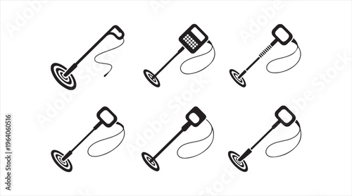 Black outline metal detector icon set, scanning device symbols isolated background, detection technology and exploration equipment illustration