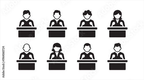 Set of speaker at podium icons, black flat silhouettes for presentation, press conference and business meeting illustration, communication and leadership concept