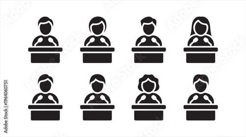 Speaker podium icon collection in black silhouette, public speaking and presentation symbols isolated on white background, conference and business communication concept set