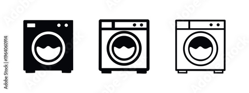 Washing machine icon set with water level, laundry and home appliance symbol in different styles.