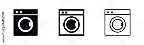 Washing machine icon set, laundry and household appliance symbol in solid and outline styles.