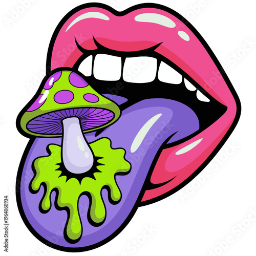 Cartoon mouth with mushroom on tongue in surreal style