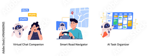 A professional illustration set of Daily AI utility ranging from conversational chatbots and intelligent car navigation, organizing professional task workflows and schedules