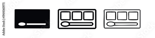 Makeup palette icon set with applicator, representing cosmetics and beauty in various styles.