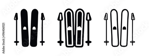 Skiing Equipment Icon Set. Winter Sport Skis and Poles Vector Symbols. Alpine Skiing Outline Graphics for Outdoor Activity.