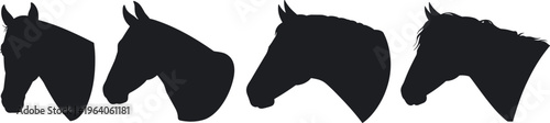 Horse head silhouette collection showing different poses and profiles, representing equestrian themes, animal beauty, strength, and farm life concept