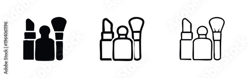 Beauty and cosmetic product icon set. Lipstick, perfume, and makeup brush symbols.