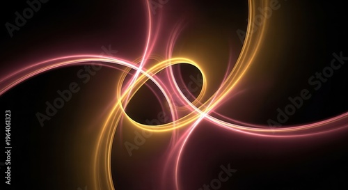 Elegant luminous arcs in vibrant gold and pink with soft diffused light against a deep black background on blacksolid background