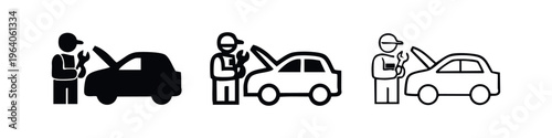 Car Mechanic Repairing Vehicle Icon Set, Auto Service and Maintenance Pictogram.
