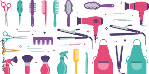 Professional hair salon tool set featuring scissors, blow dryer, hair straightener, combs, brushes, and apron for barber shop branding
