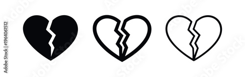 Broken heart icon set. Love and emotional pain symbol in black and outline styles. Sadness and separation concept.