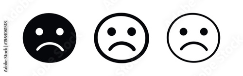 Sad face emoji icon set. Disappointed and unhappy emotion symbol in black and outline styles. Negative feeling concept.
