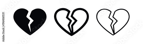 Broken heart icon set. Love and emotional pain symbol in black and outline styles. Sadness and separation concept.