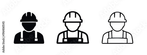 Construction worker icon set. Laborer with hard hat and overalls symbol in black and outline styles. Industry and trade concept.