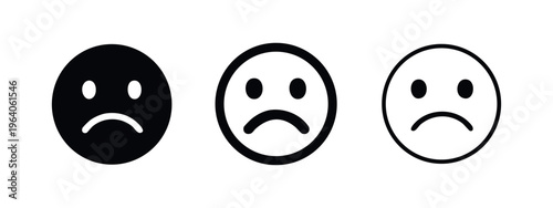 Sad face emoji icon set. Disappointed and unhappy emotion symbol in black and outline styles. Negative feeling concept.