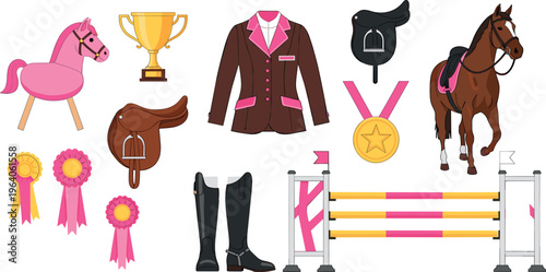 Equestrian sport elements collection with horse rider equipment trophy saddle boots jumping obstacle flat vector illustration set