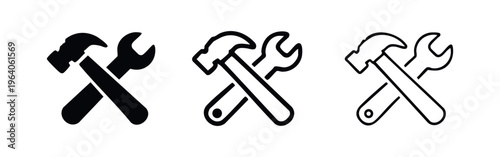 Tools and service icon set. Crossed hammer and wrench symbol in black and outline styles. Repair and maintenance concept.