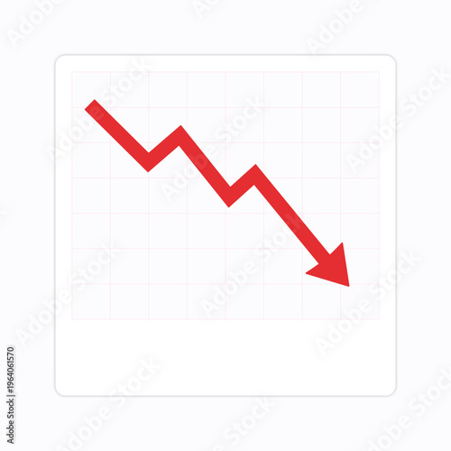 minimalist dashboard card showing a bold red zigzag arrow trending sharply downward over a soft gray chart grid background, modern fintech UI style, flat design