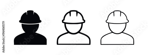 Hard hat worker icon set. Engineer or construction professional symbol in black and outline styles. Safety and industry concept.