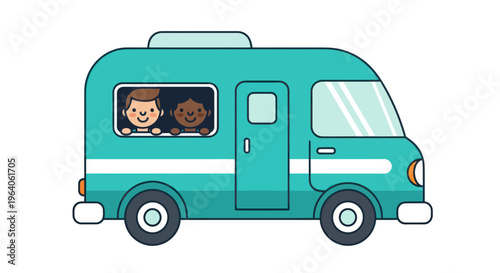 Teal camper van with people inside.