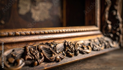An ornate, antique wooden picture frame with intricate carvings.