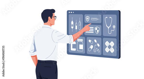 Man interacting with digital medical screen.