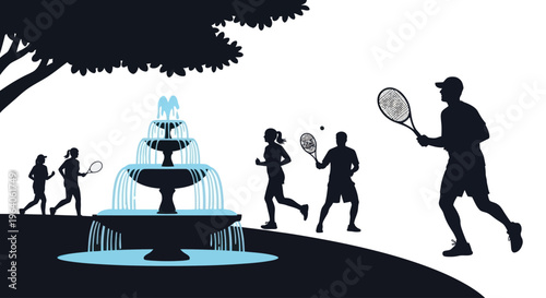 Silhouettes of people playing tennis outside.