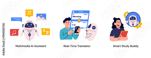 A professional illustration set of versatile AI assistant helping users with real-time language translation, multimedia data analysis, and seamless system workflow integration