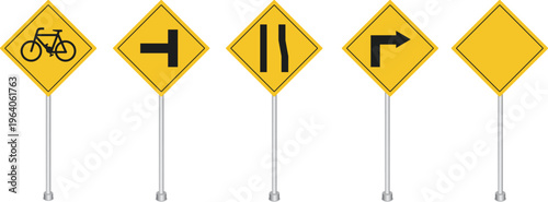 Collection of yellow diamond traffic warning signs on metal poles isolated on white background