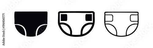 Diaper icon set. Baby nappy symbol in solid, outlined bold, and outlined thin styles. Child and adult incontinence care pictogram.
