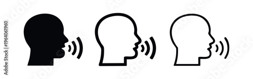 Speech, Voice, and Talking Icon Set. Human head profile with sound waves representing communication.