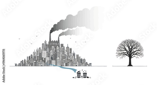 Cityscape with smoking factory chimney.