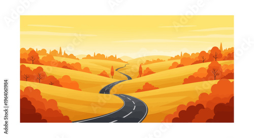 Winding road through autumn landscape hills.