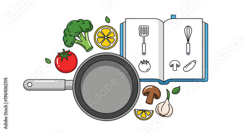 Frying Pan with Kitchen Ingredients Displayed.