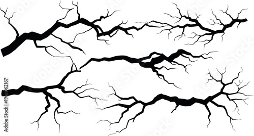 Cracked ground fissures and fractures set with detailed broken surface lines earthquake damage texture vector illustration